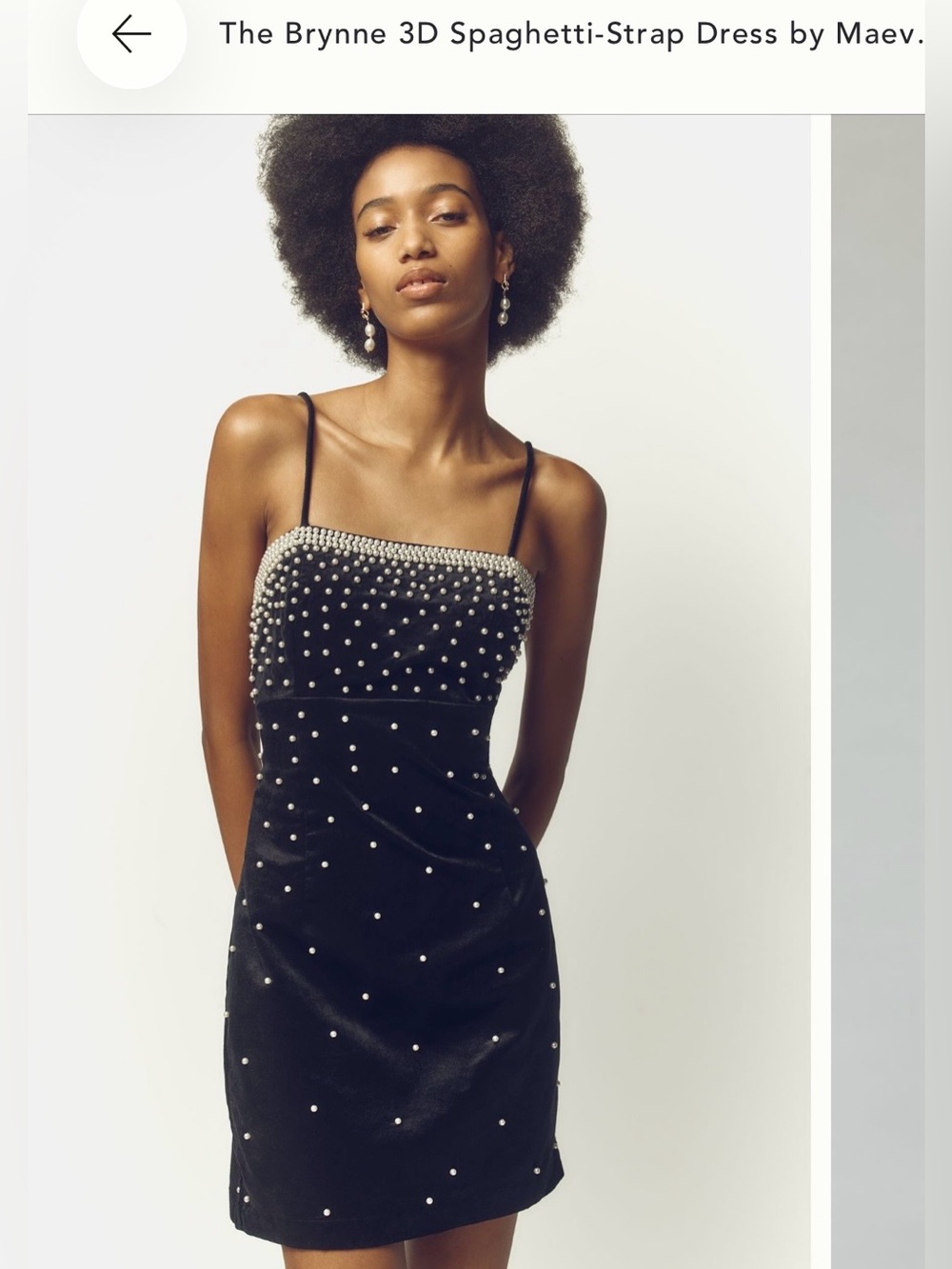 Maeve Black Velvet Spaghetti-Strap Mini Dress with Pearl Embellishment